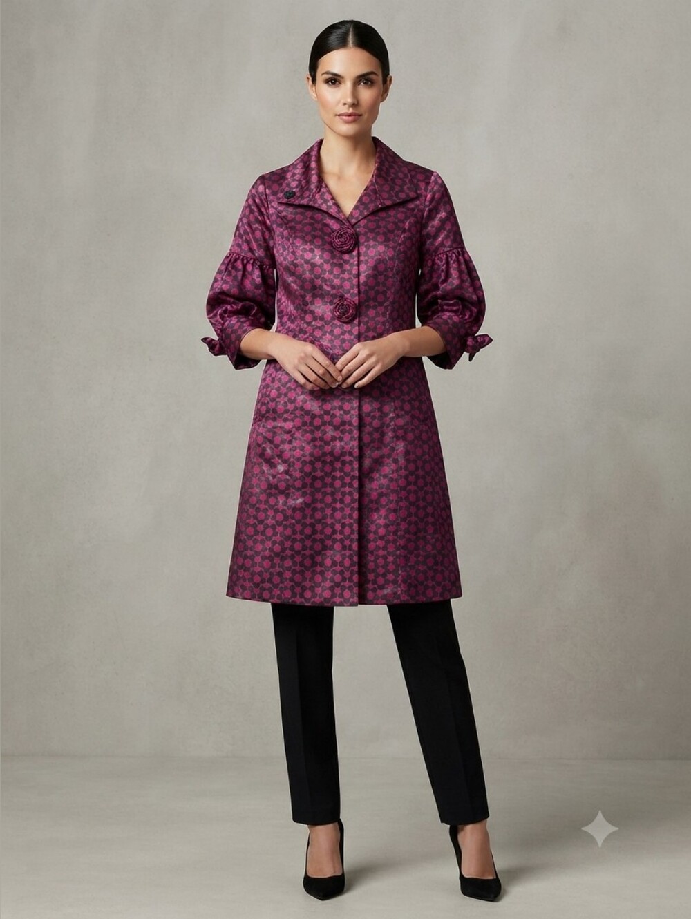 Coco & Tashi Pink Black Floral Floral Retro Statement Coat Small US 4